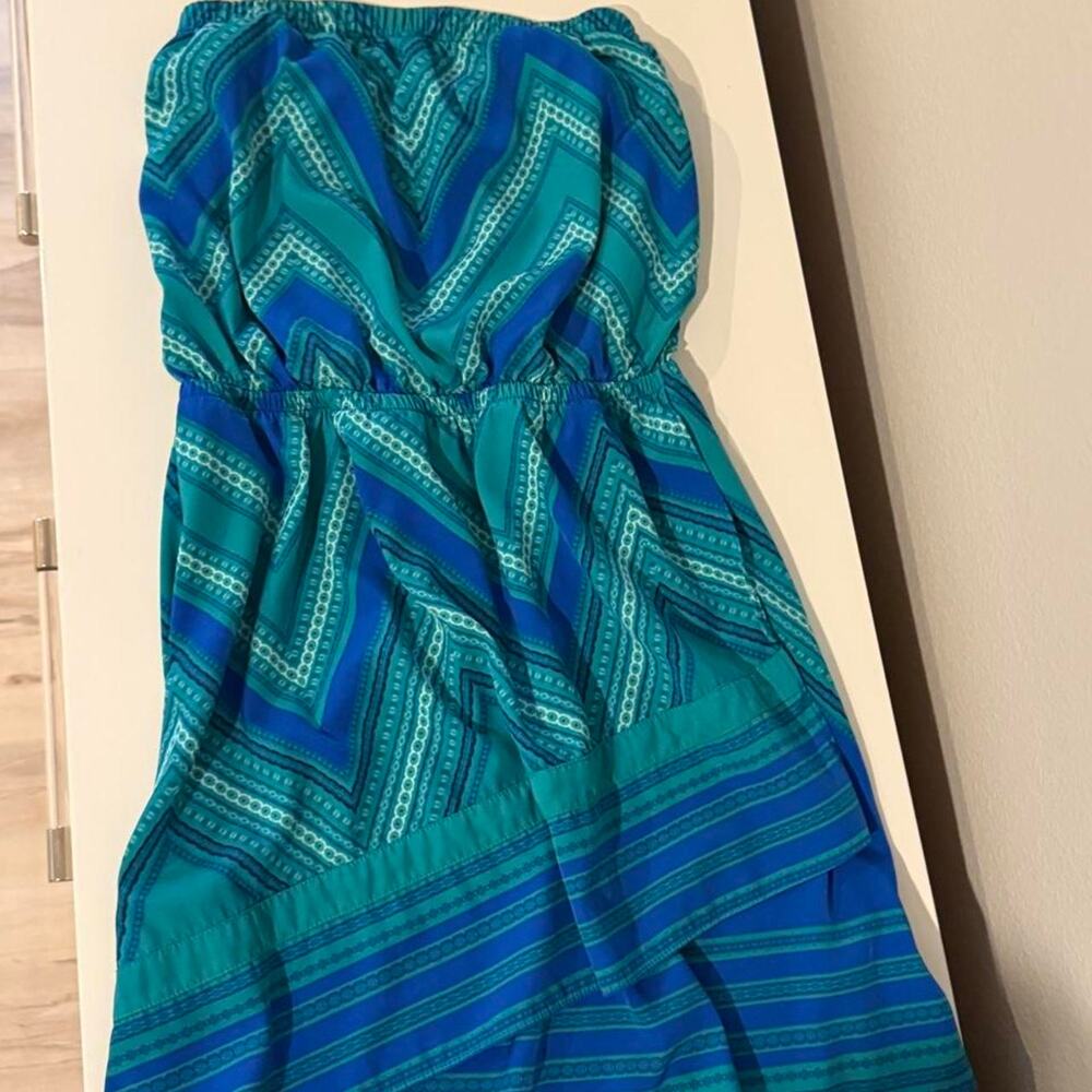 Express Women’s Strapless Mini Dress Size M Blue Teal Geometric Print